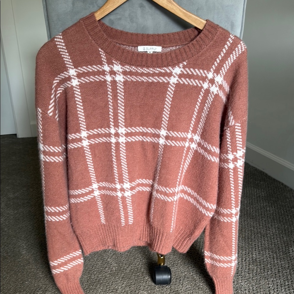 Z Supply Plaid Crew Neck Sweater